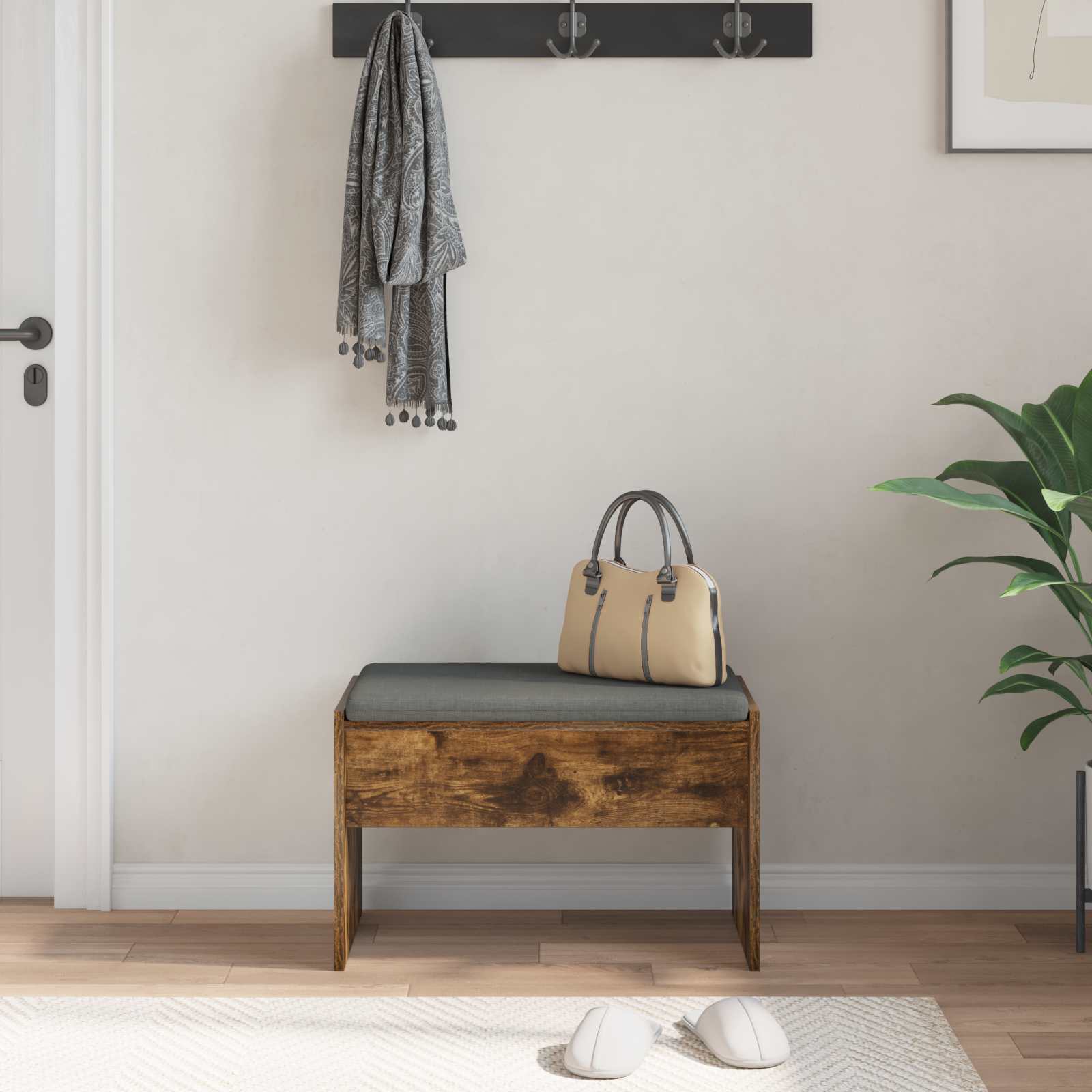 Halbank met kussen Gerookt eiken 60 x 38 x 46 cm