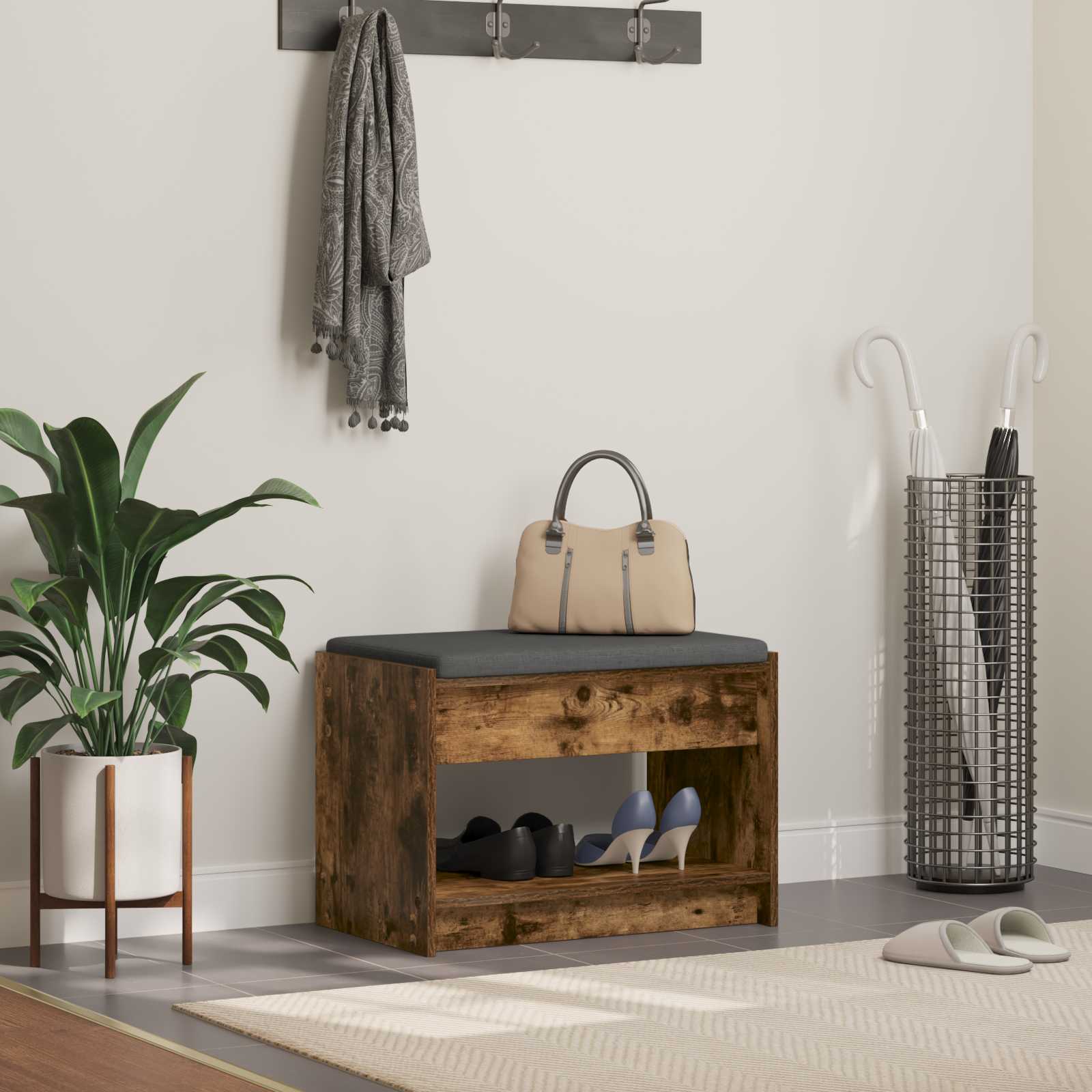 Halbank met kussen met plank Gerookte Eik 63 x 38 x 45 cm