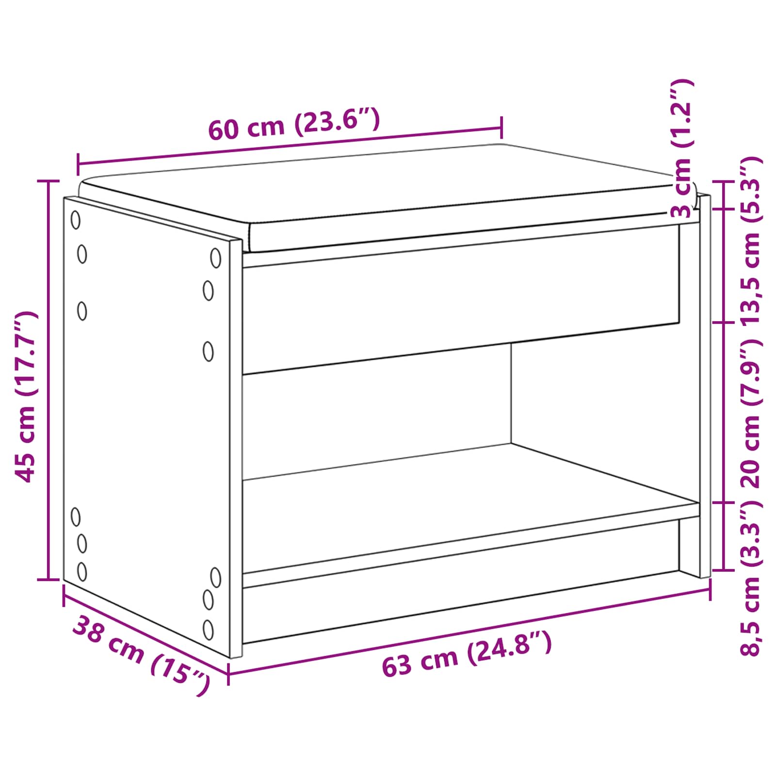 Halbank Oudhout 63 x 38 x 45 cm Geïndustrialiseerd hout en stof
