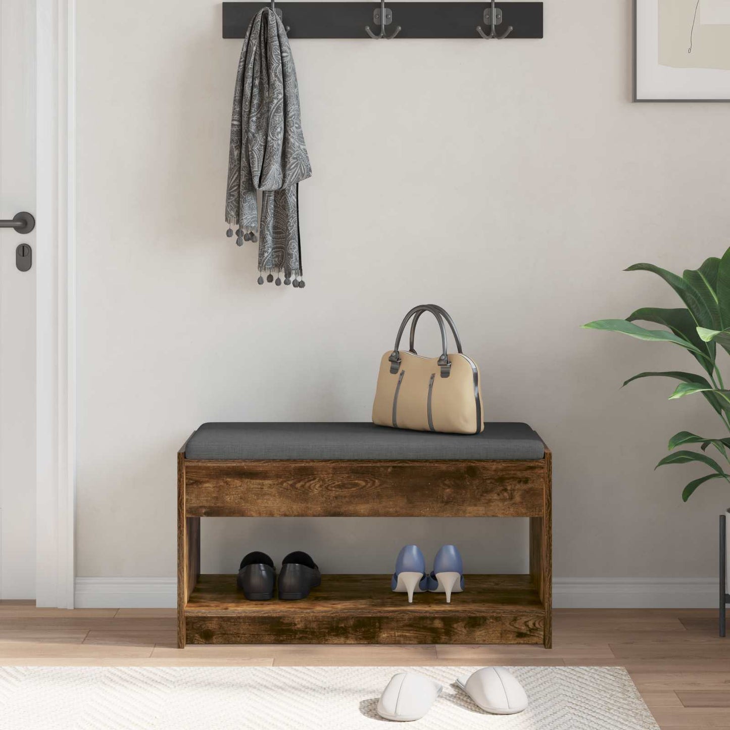 Halbank met kussen met plank Gerookte Eik 83 x 38 x 45 cm