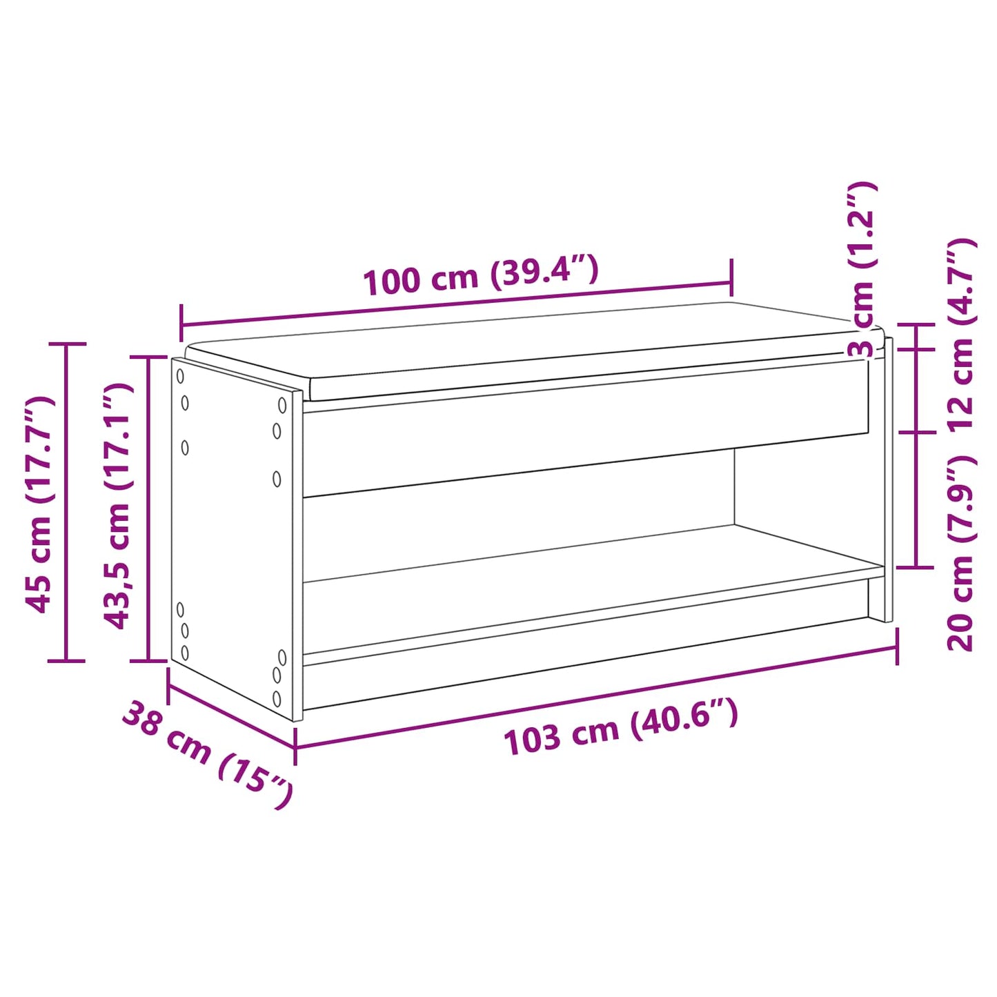 Halbank met kussen met plank met opslag Wit 100 x 38 x 46 cm