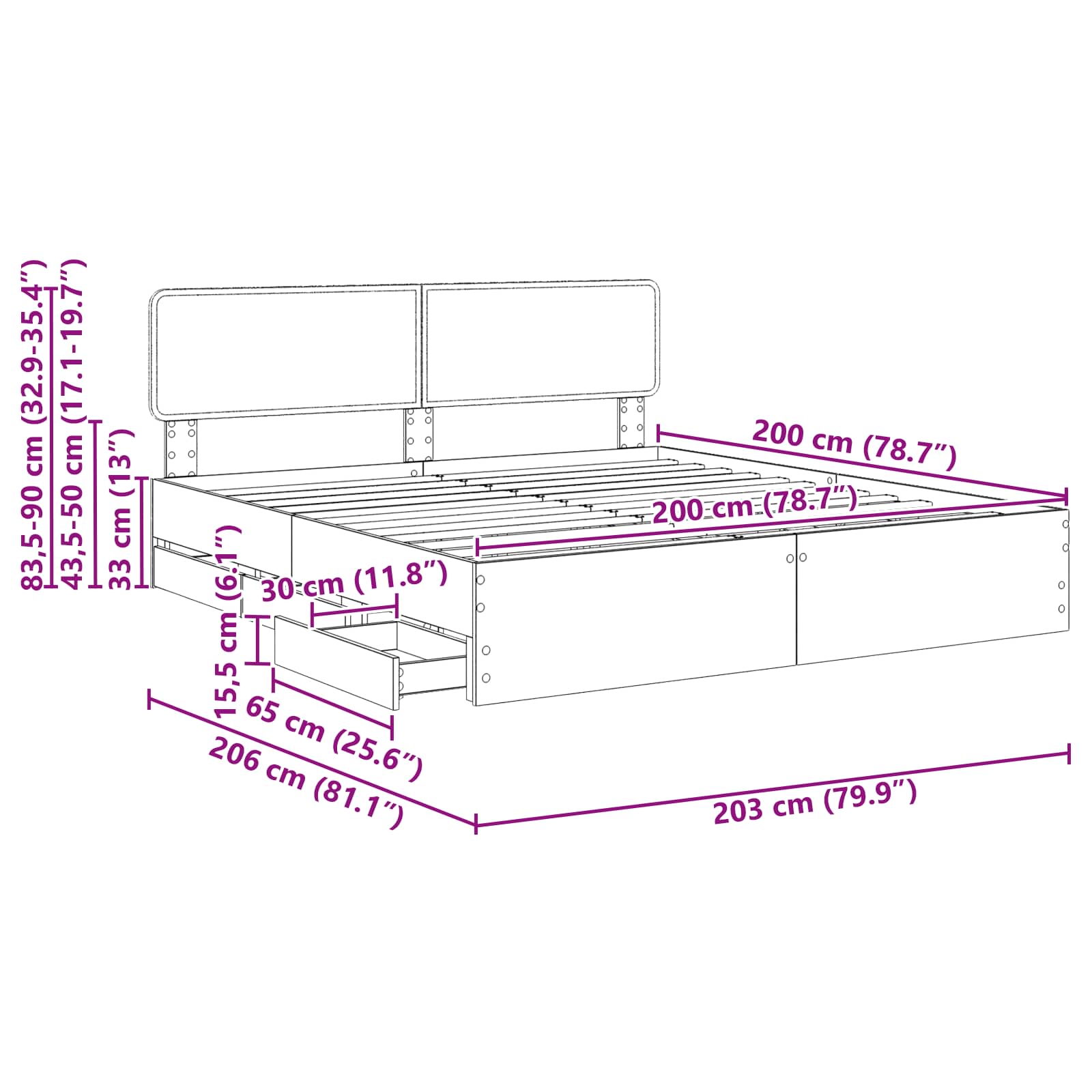 Bedframe met lade Sonoma Eiken 200 x 200 cm Ingenieurshout