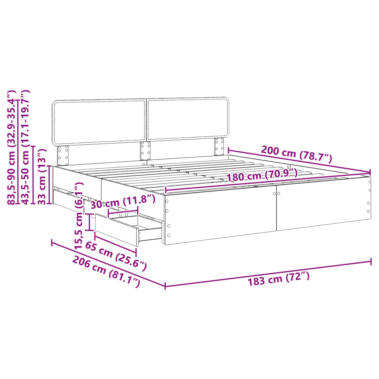 Bedframe met lade Zwart 180 x 200 cm Geconstrueerd hout