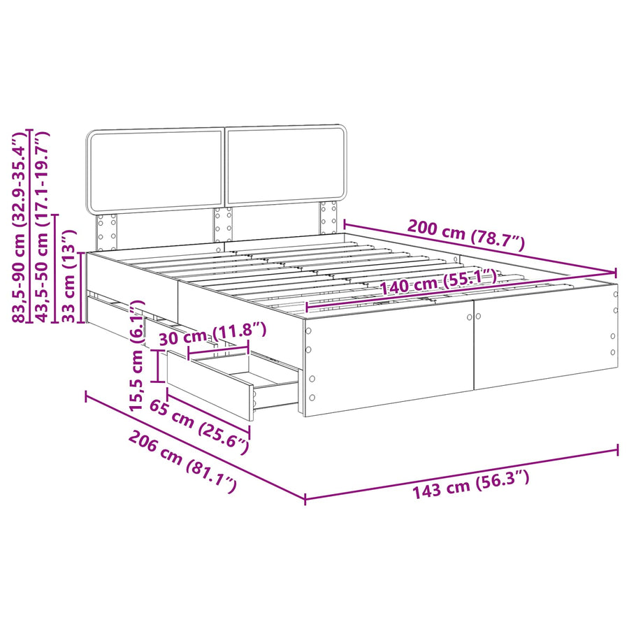 Bedframe met lade Grijs Sonoma 140 x 190 cm Ingenieurshout