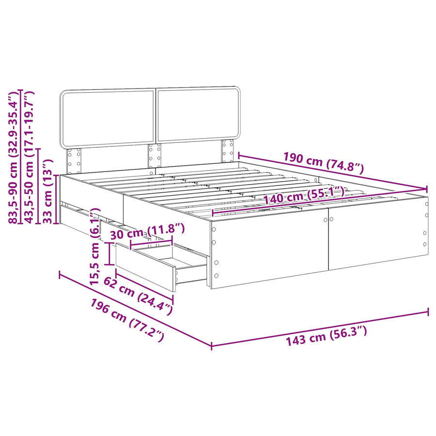 Bedframe met lade met opslag Wit 140 x 200 cm Ingenieurshout