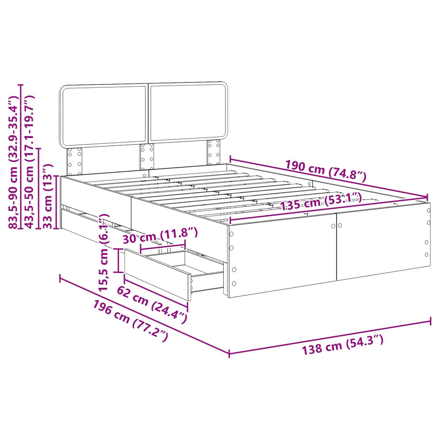 Bedframe met lade Beton Grijs 135 x 190 cm Ingenieurshout