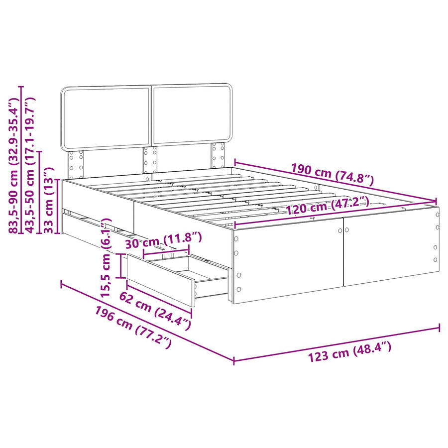 Bedframe met lade Bruin Eiken 120 x 200 cm Ingenieurshout