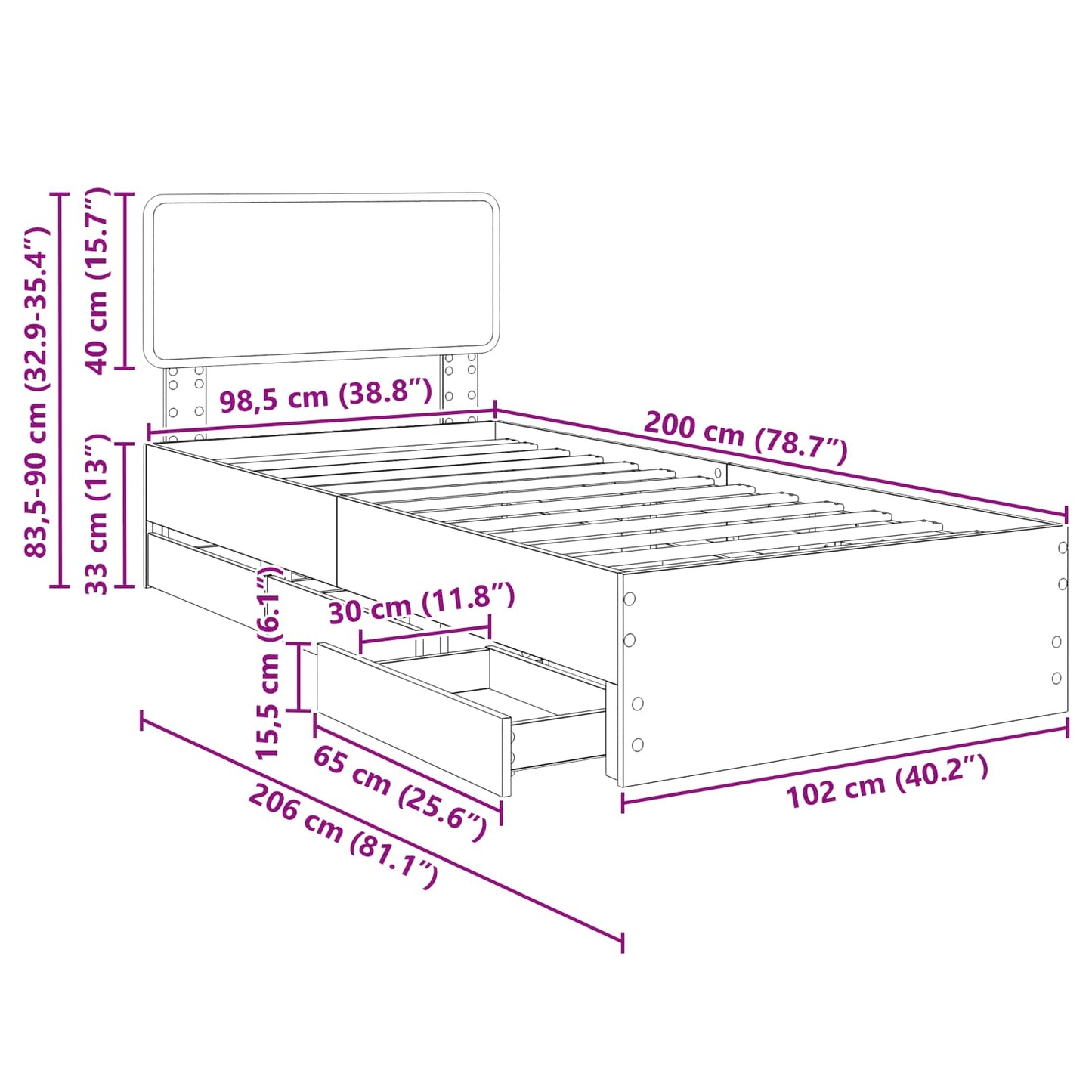 Bedframe met lade met opslag Zwart 100 x 200 cm Ingenieurshout