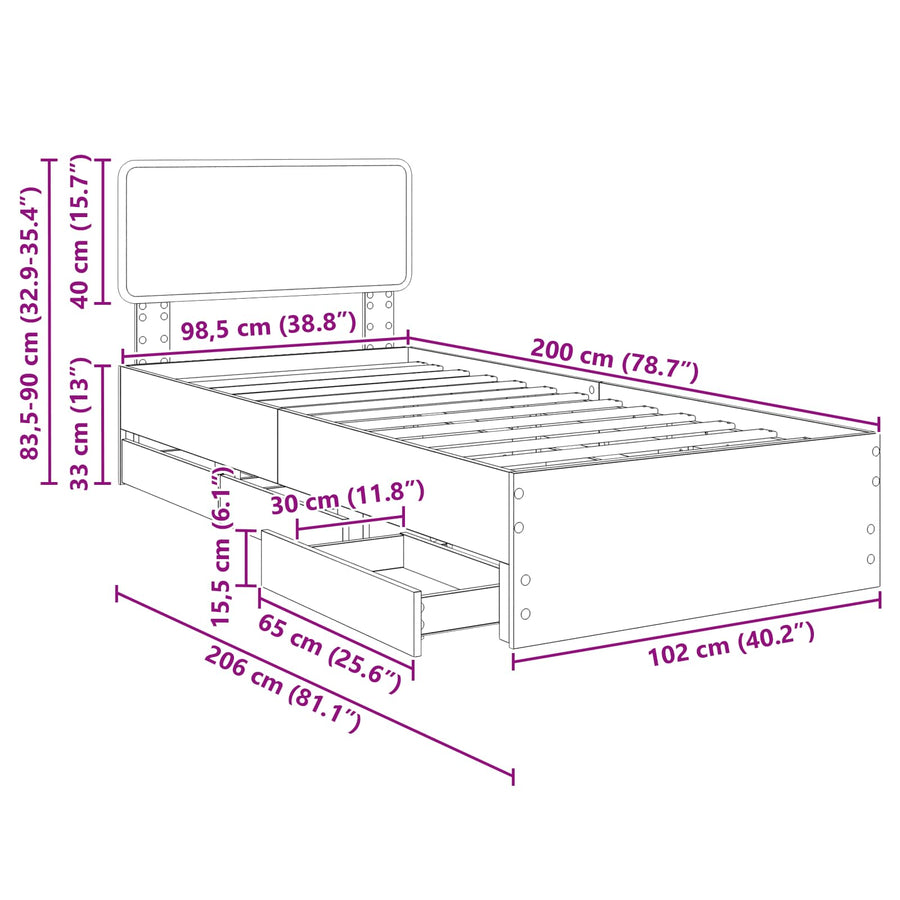 Bedframe met lade met opslag Zwart 100 x 200 cm Ingenieurshout