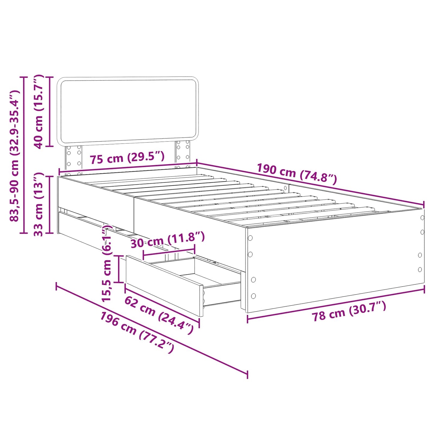 Bedframe met lade Grijs Sonoma 75 x 190 cm Ingenieurshout