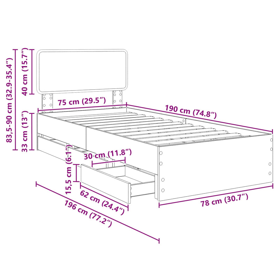 Bedframe met lade Grijs Sonoma 75 x 190 cm Ingenieurshout