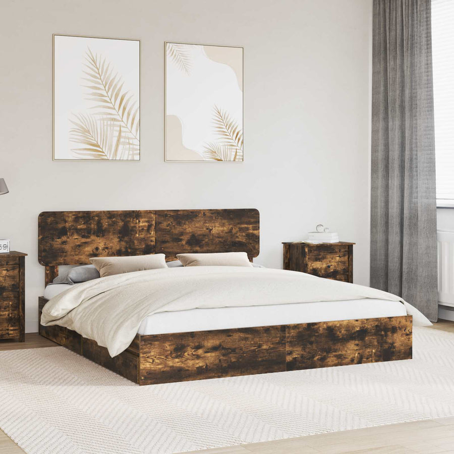 Opslag bed met lade Gerookt eiken 180 x 200 cm Bewerkt hout