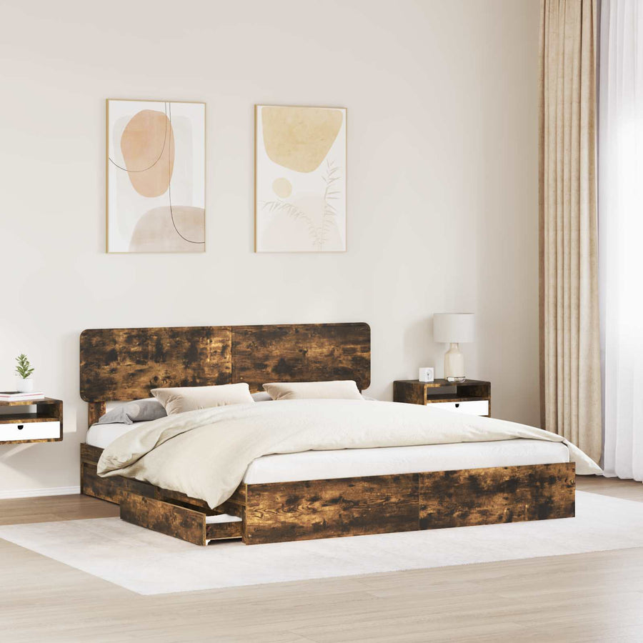 Opslag bed met lade Gerookt eiken 180 x 200 cm Bewerkt hout