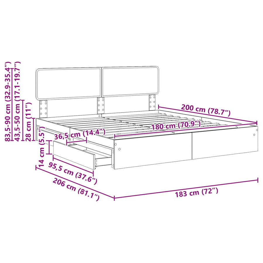 Opslag bed met lade Grijs Sonoma 180 x 200 cm Bewerkt hout