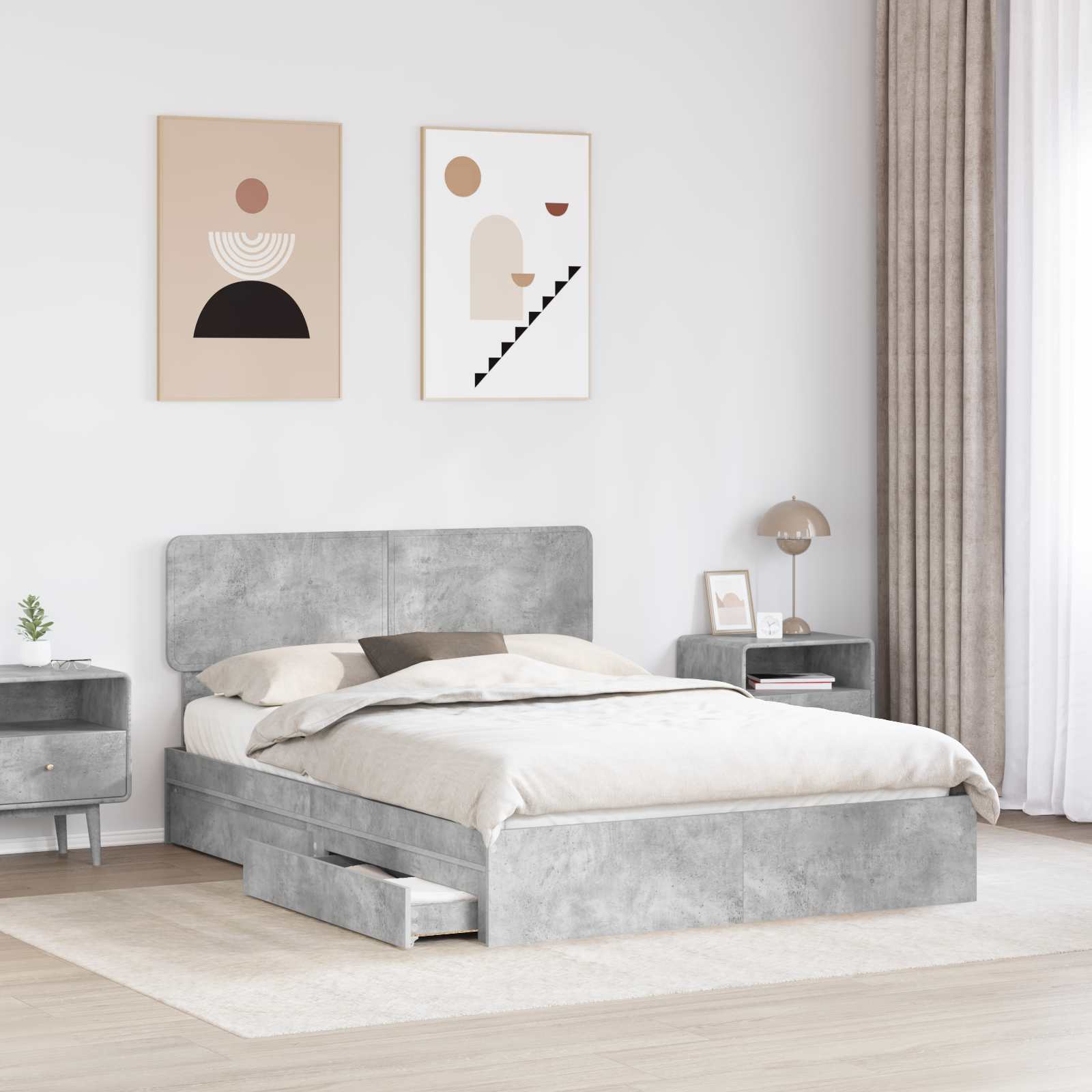 Opslag bed met hoofdeinde Beton Grijs 150 x 200 cm Bewerkt hout