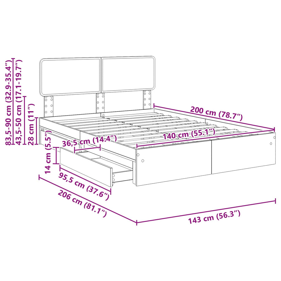 Opslag bed met lade Sonoma Eiken 140 x 200 cm Bewerkt hout