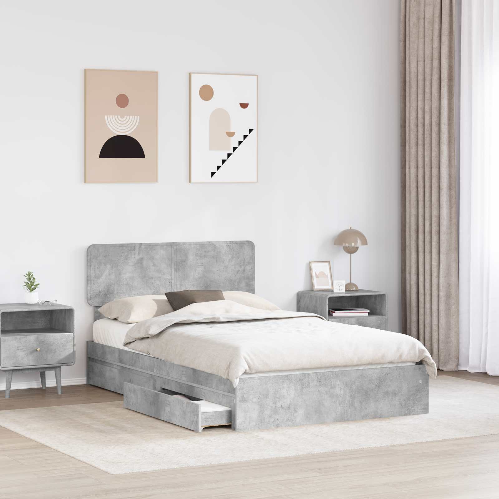 Opslag bed met hoofdeinde Beton Grijs 135 x 190 cm Bewerkt hout