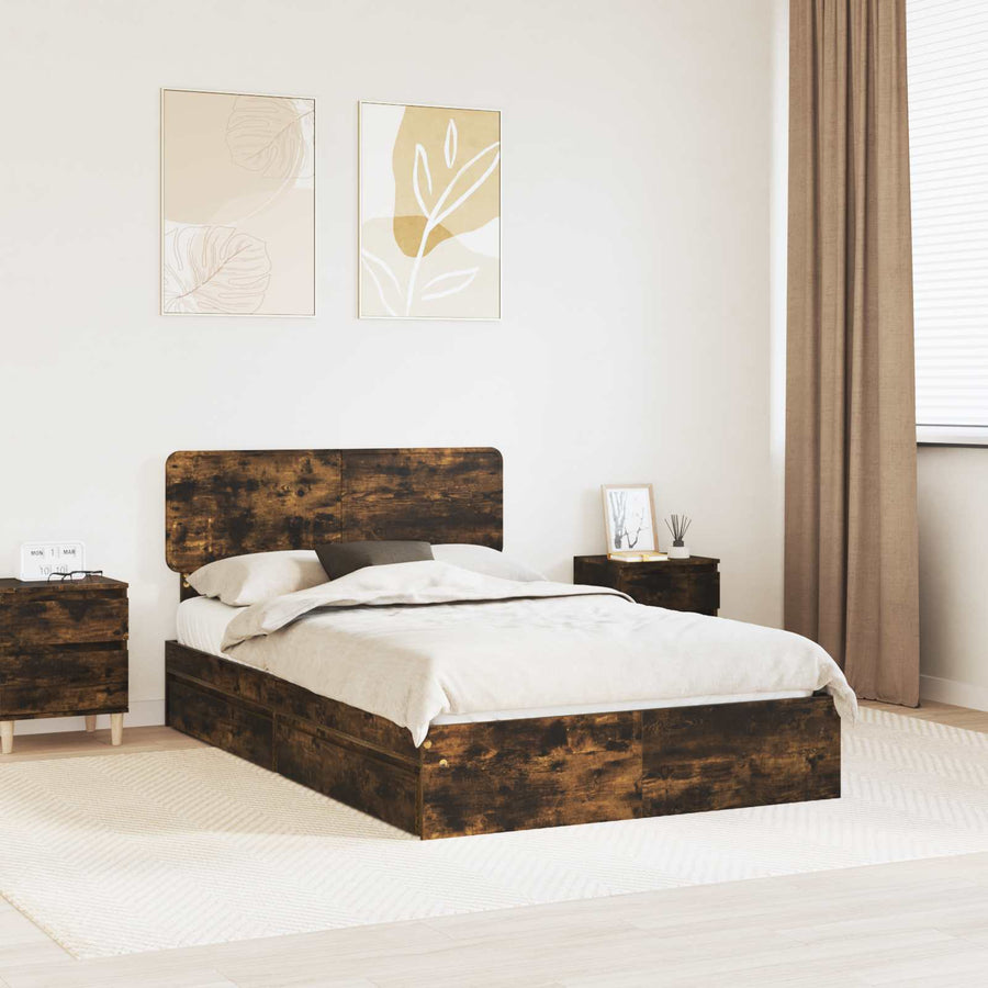 Opslag bed met lade Gerookt eiken 135 x 190 cm Bewerkt hout