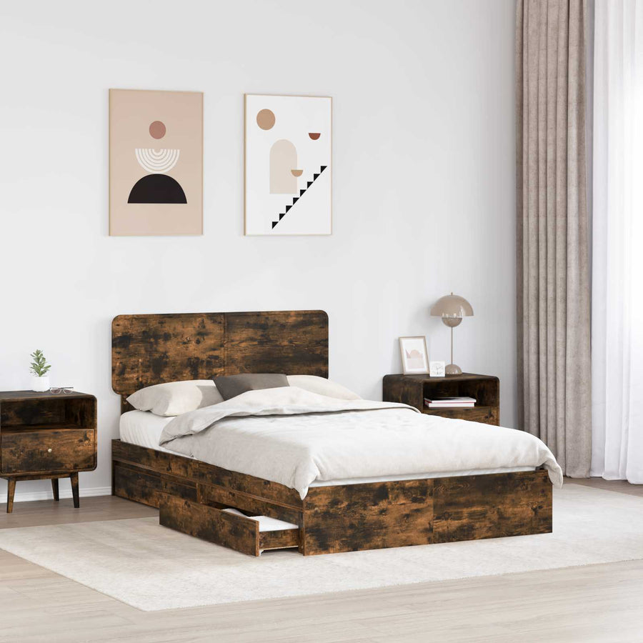 Opslag bed met lade Gerookt eiken 135 x 190 cm Bewerkt hout