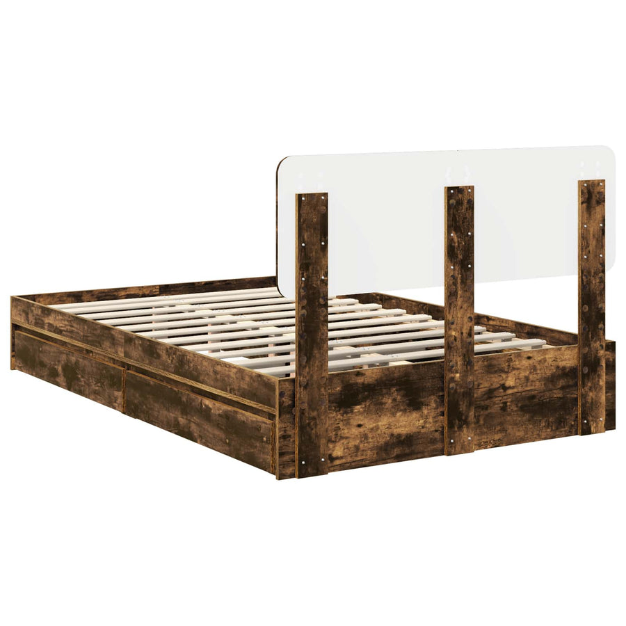 Opslag bed met lade Gerookt eiken 135 x 190 cm Bewerkt hout