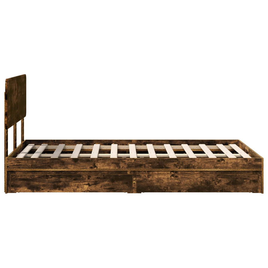 Opslag bed met lade Gerookt eiken 135 x 190 cm Bewerkt hout