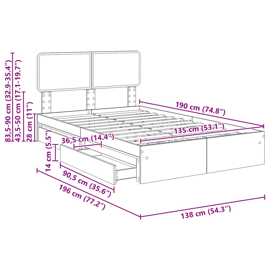 Opslag bed met lade Gerookt eiken 135 x 190 cm Bewerkt hout