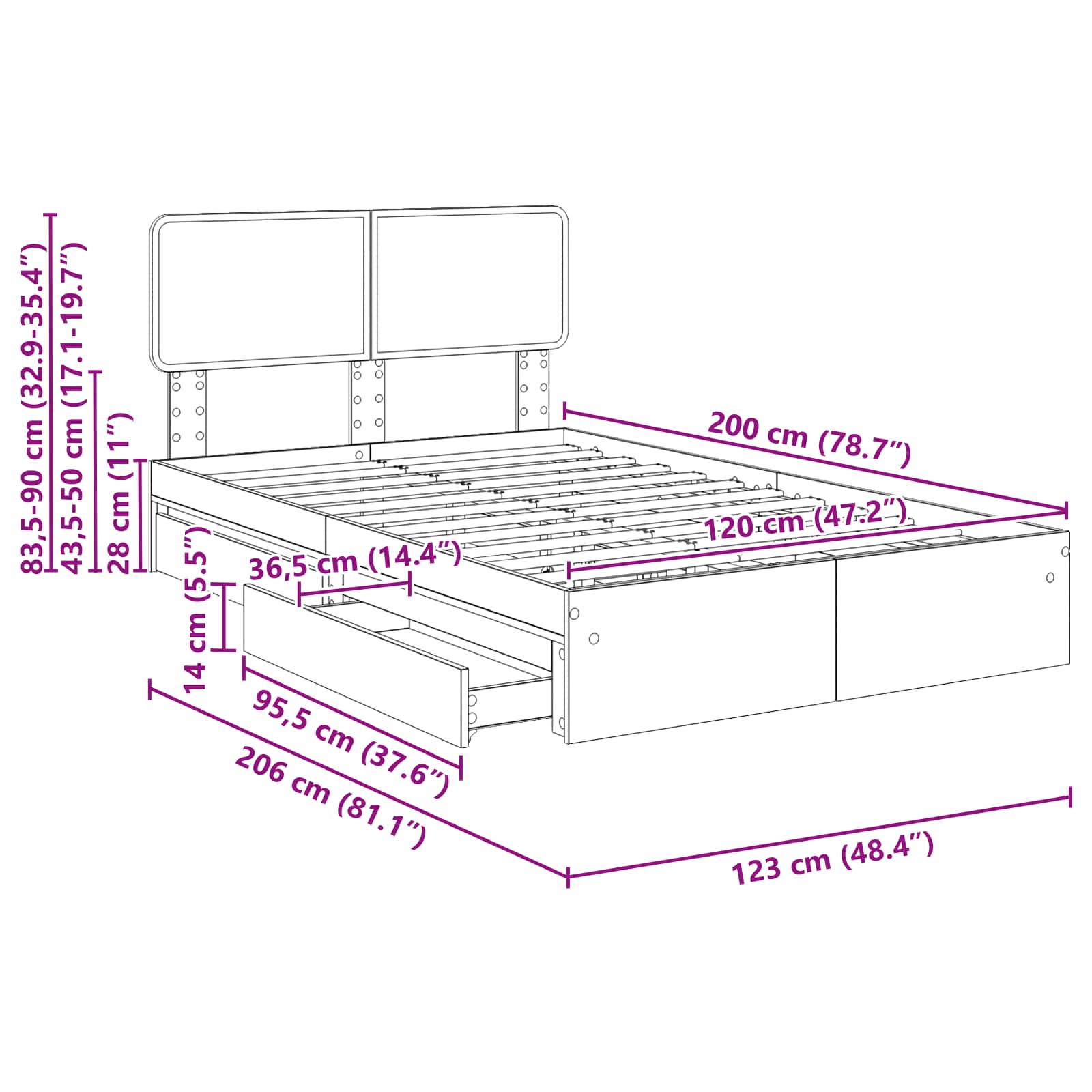 Opslag bed met lade Sonoma Eiken 120 x 200 cm Bewerkt hout