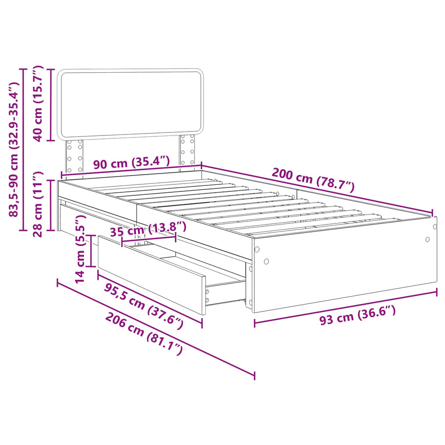 Opslag bed met lade Gerookt eiken 90 x 200 cm Bewerkt hout