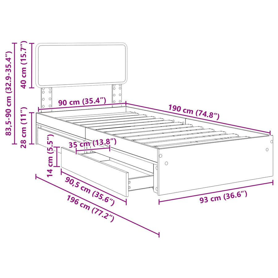Opslag bed met hoofdeinde Zwart 90 x 190 cm Bewerkt hout
