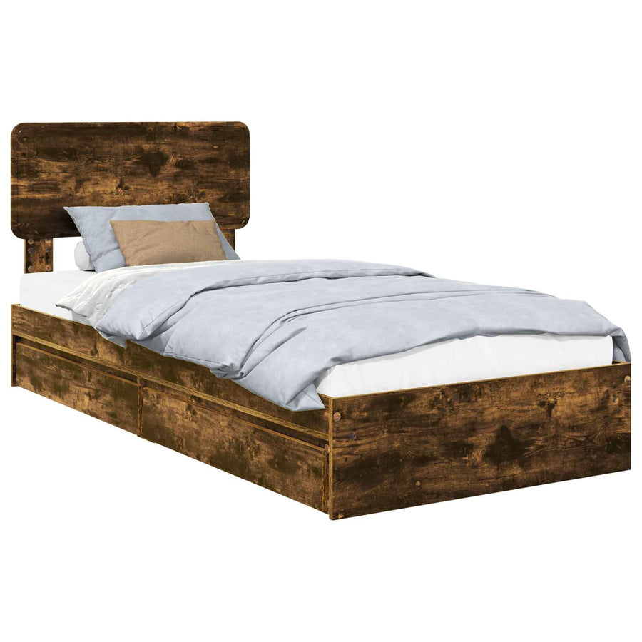 Opslag bed met lade Gerookt eiken 90 x 190 cm Bewerkt hout