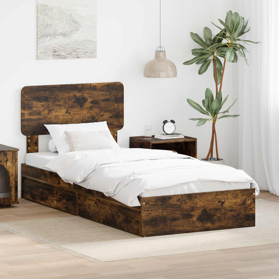 Opslag bed met lade Gerookt eiken 75 x 190 cm Bewerkt hout