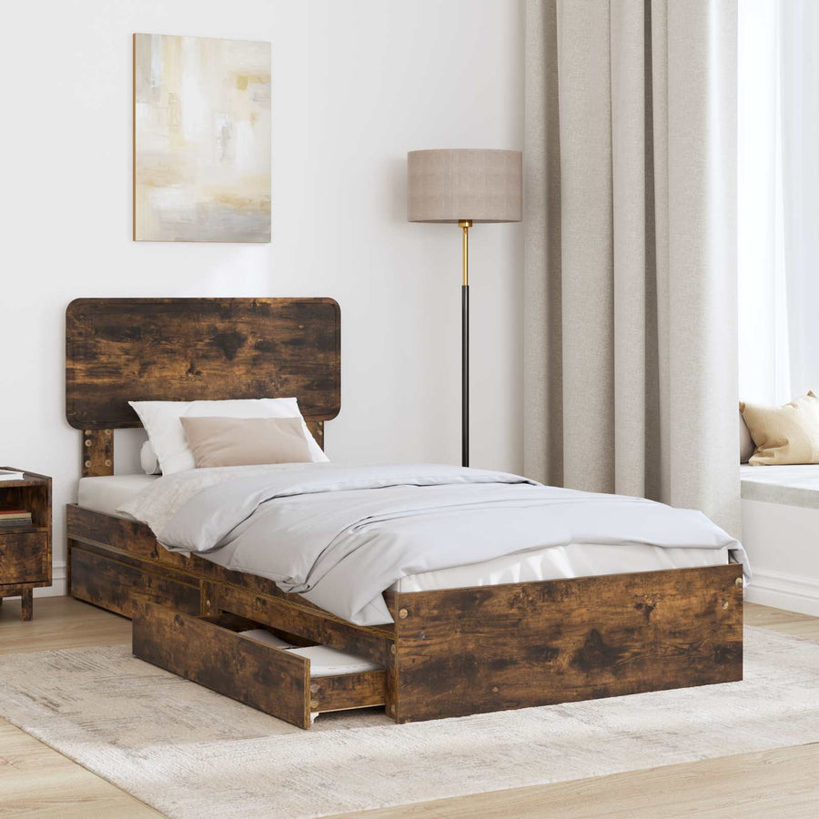 Opslag bed met lade Gerookt eiken 75 x 190 cm Bewerkt hout