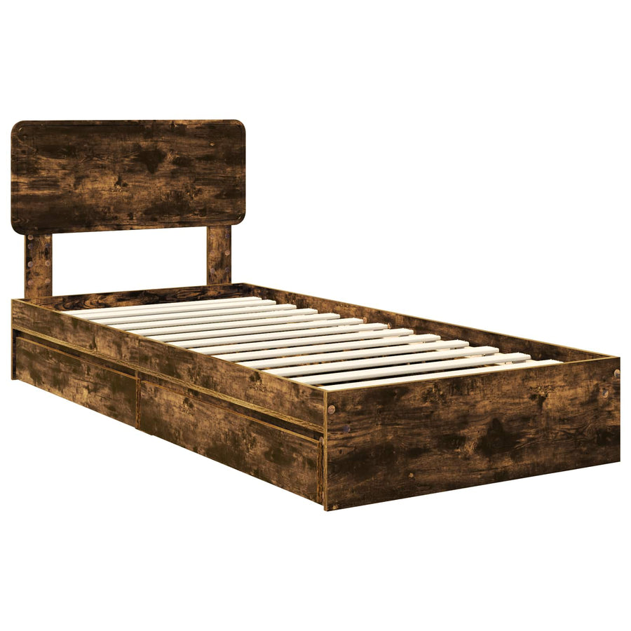 Opslag bed met lade Gerookt eiken 75 x 190 cm Bewerkt hout