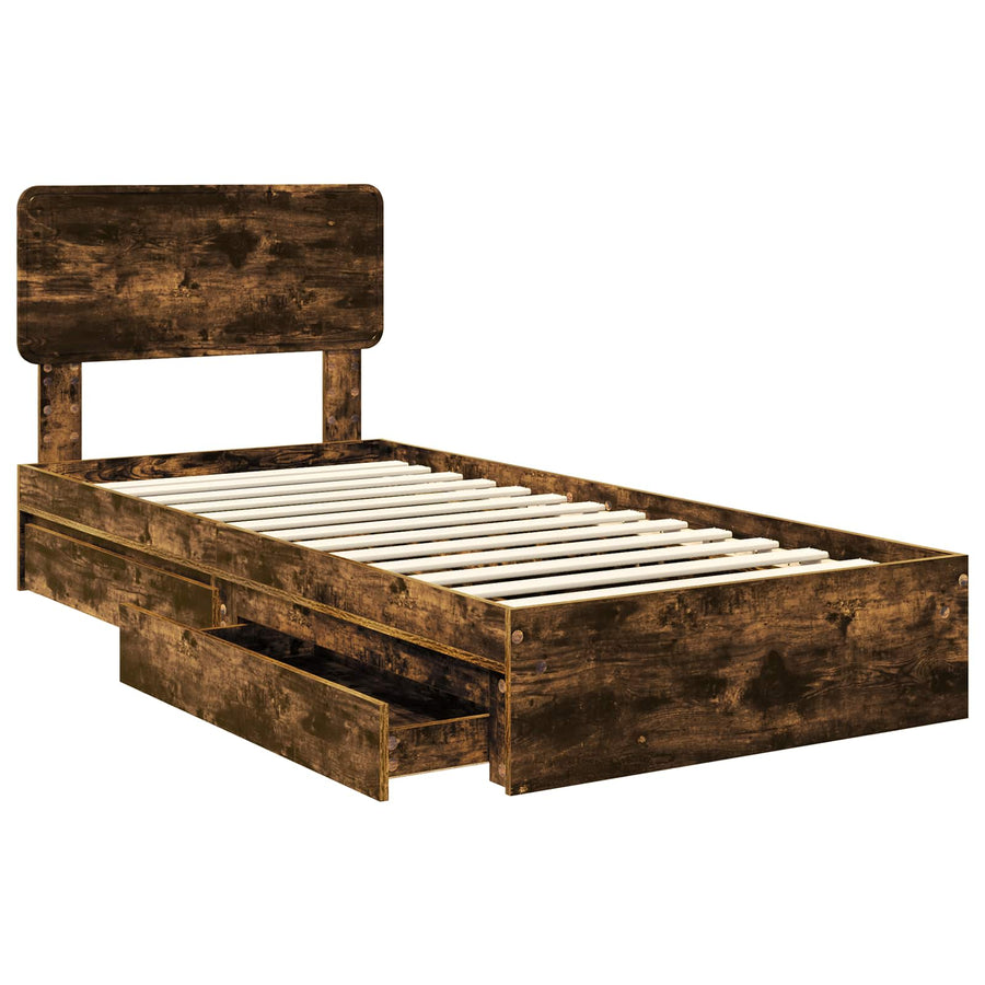 Opslag bed met lade Gerookt eiken 75 x 190 cm Bewerkt hout