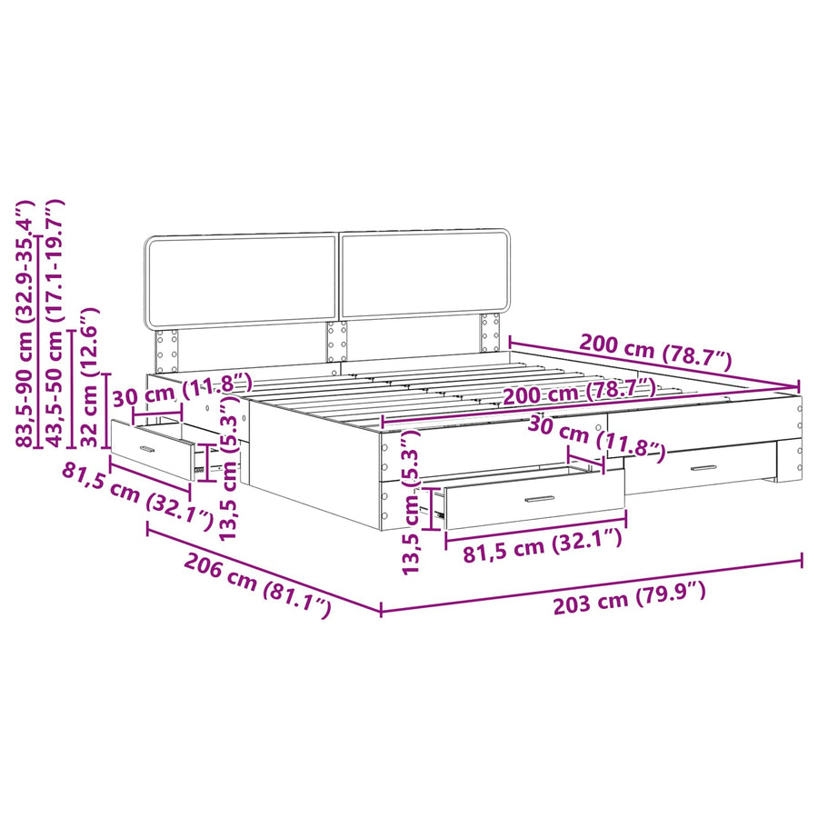 Bedframe met hoofdeinde Gerookt eiken 200 x 200 cm Bewerkt hout