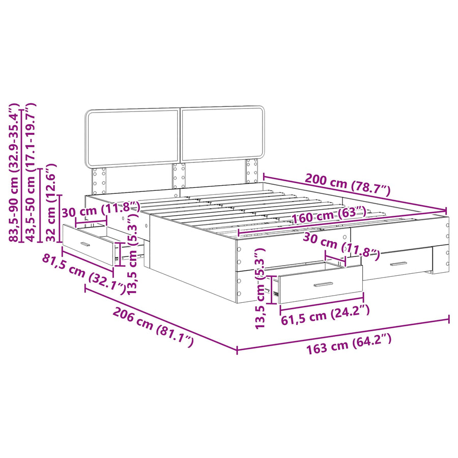 Bedframe met hoofdeinde met lade Wit 160 x 200 cm Bewerkt hout