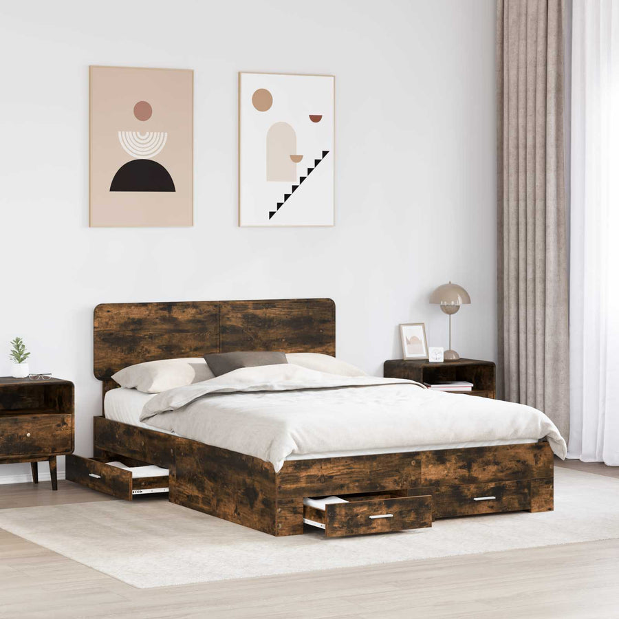 Bedframe met hoofdeinde Gerookt eiken 140 x 190 cm Bewerkt hout