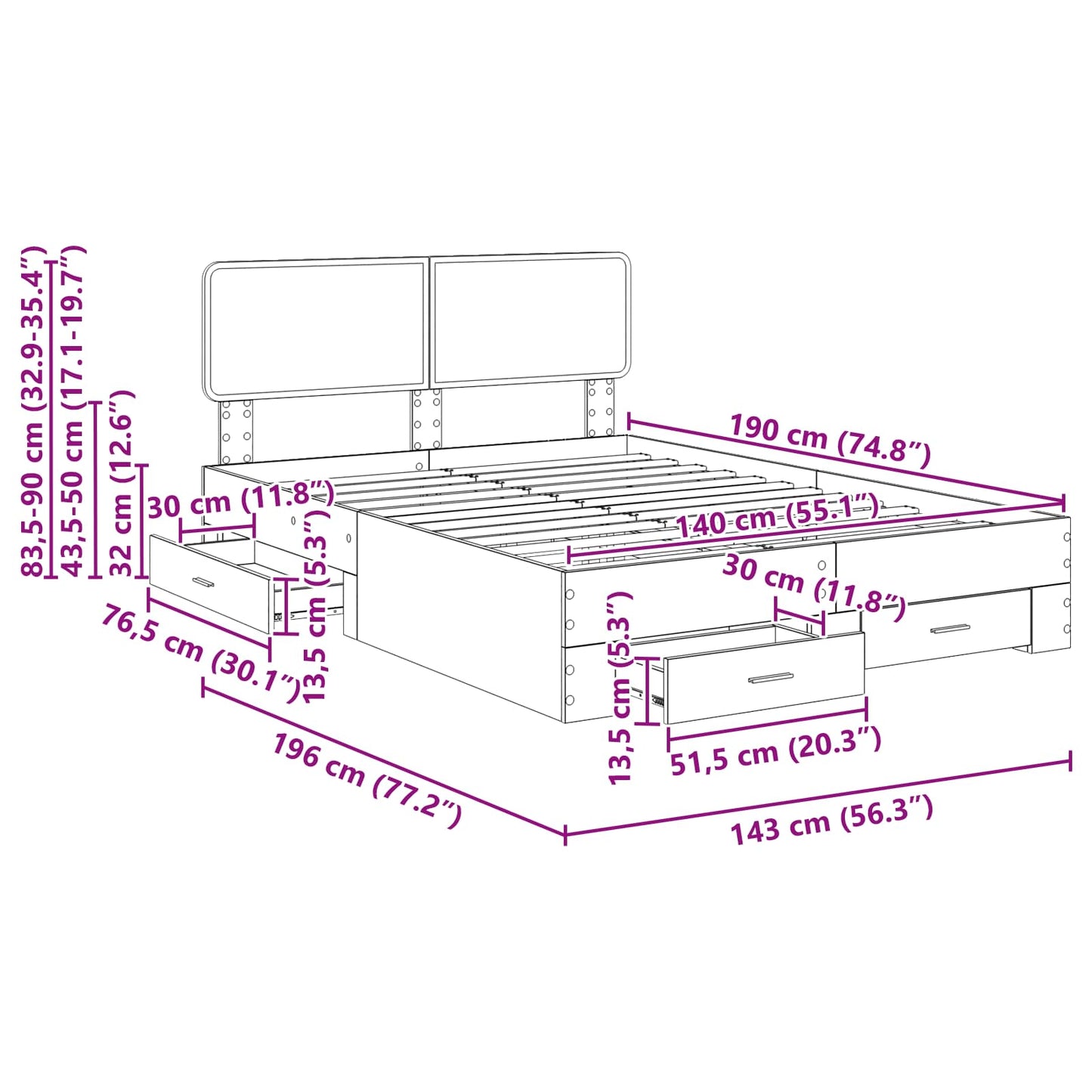 Bedframe met hoofdeinde Grijs Sonoma 140 x 190 cm Bewerkt hout