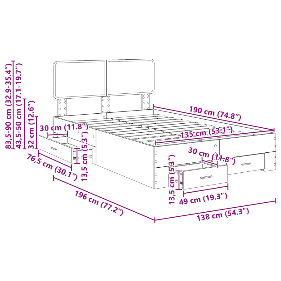 Bedframe met hoofdeinde Beton Grijs 135 x 190 cm Bewerkt hout