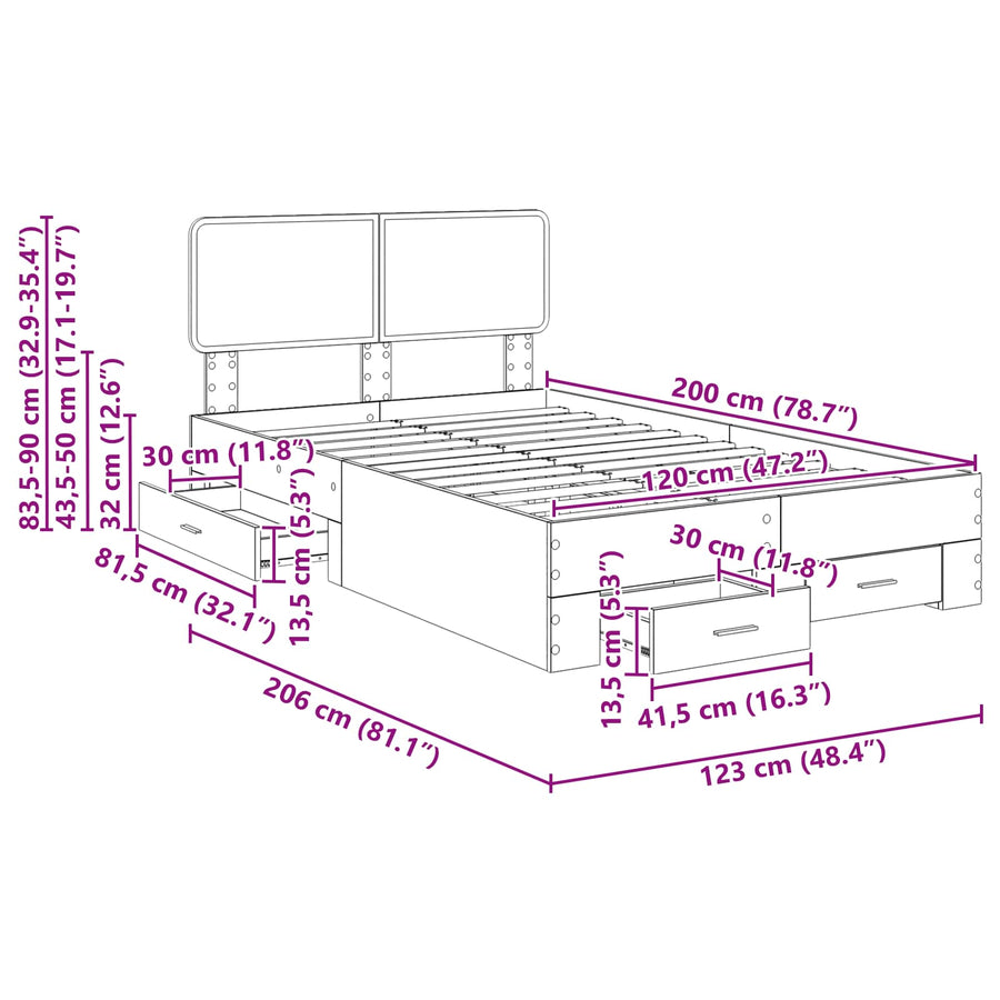 Bedframe met hoofdeinde Beton Grijs 120 x 200 cm Bewerkt hout