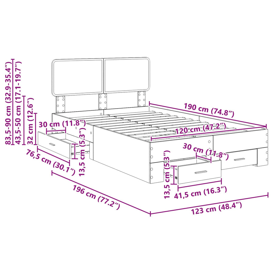 Bedframe met hoofdeinde Beton Grijs 120 x 190 cm Bewerkt hout