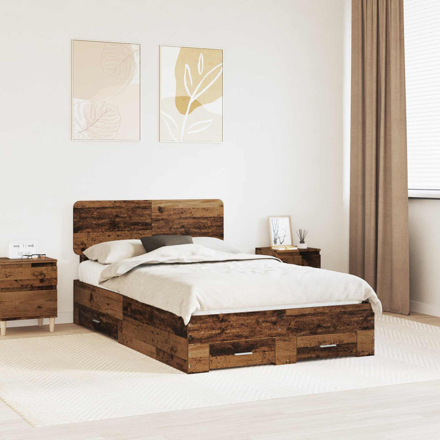 Bedframe met hoofdeinde Oudhout 120 x 190 cm Bewerkt hout