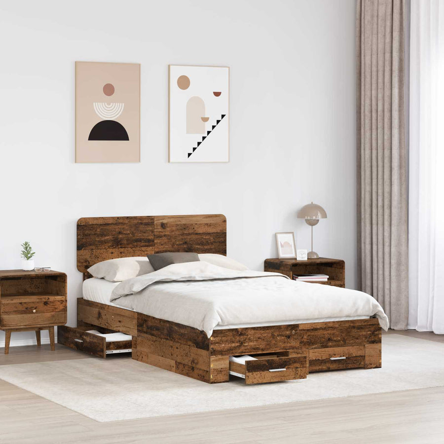 Bedframe met hoofdeinde Oudhout 120 x 190 cm Bewerkt hout