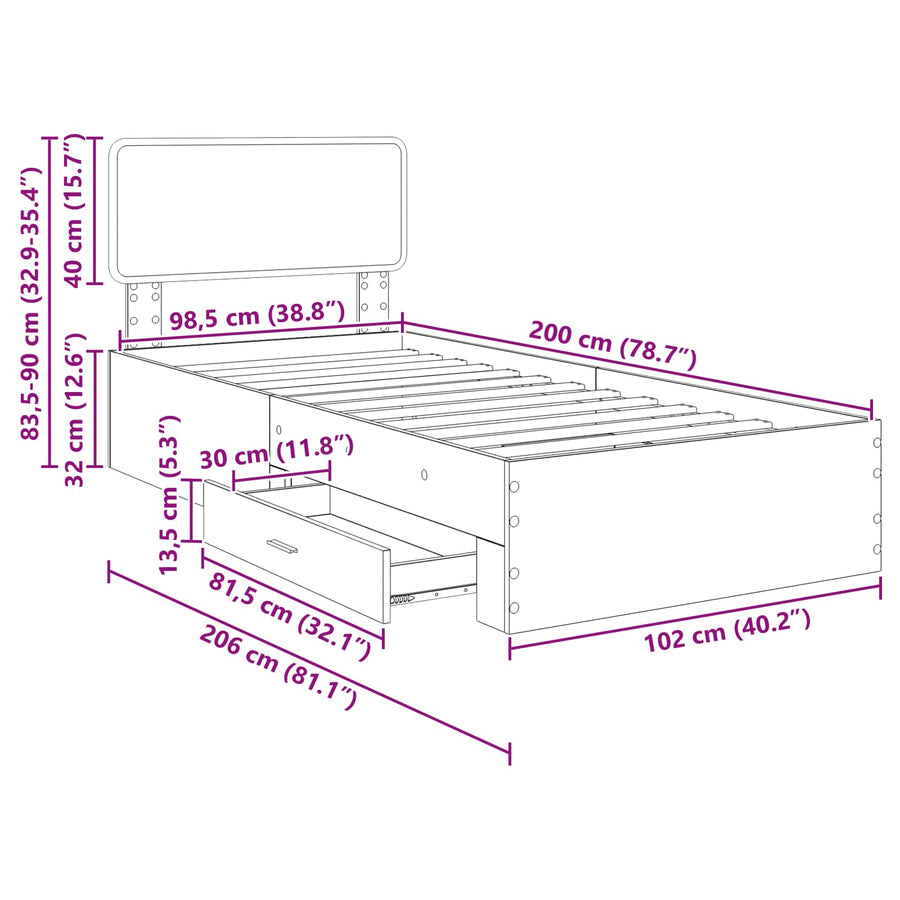 Bedframe met hoofdeinde Gerookt eiken 100 x 200 cm Bewerkt hout