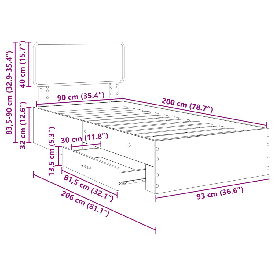 Bedframe met hoofdeinde Artisan Eiken 90 x 200 cm Bewerkt hout