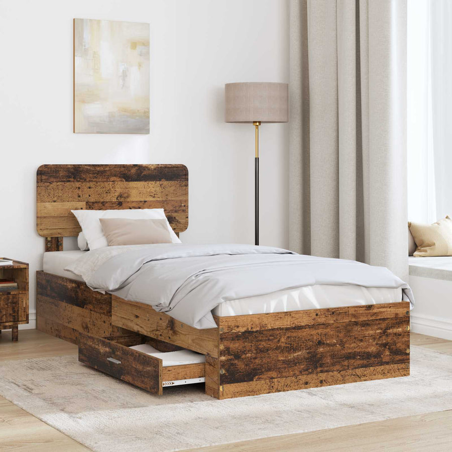Bedframe met hoofdeinde Oudhout 90 x 190 cm Bewerkt hout