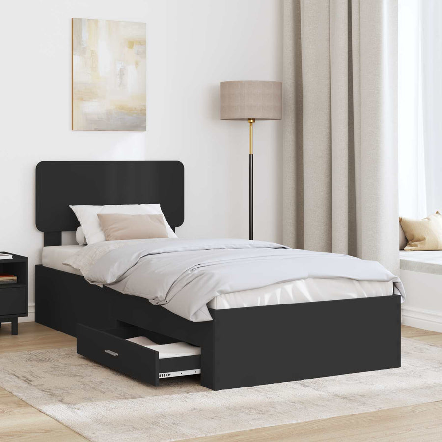 Bedframe met hoofdeinde met lade Zwart 75 x 190 cm Bewerkt hout