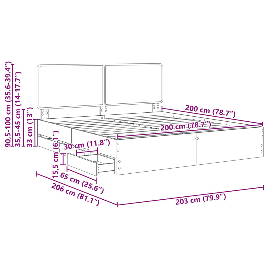 Bedframe met lade Beton Grijs 200 x 200 cm Ingenieurshout