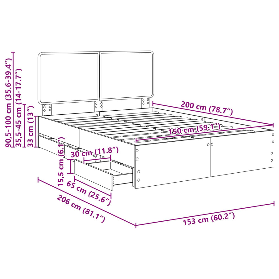 Bedframe met lade Sonoma Eiken 150 x 200 cm Ingenieurshout