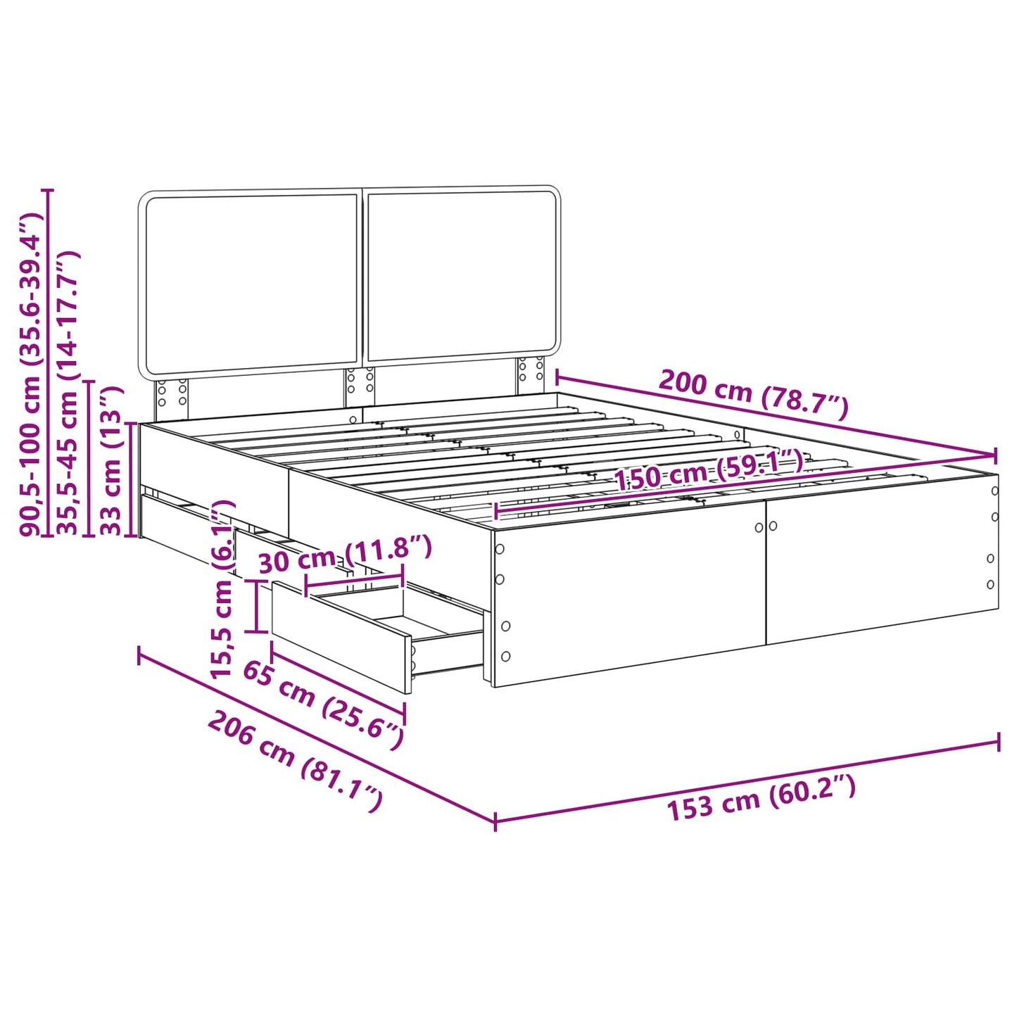 Bedframe met lade Gerookt eiken 150 x 200 cm Ingenieurshout